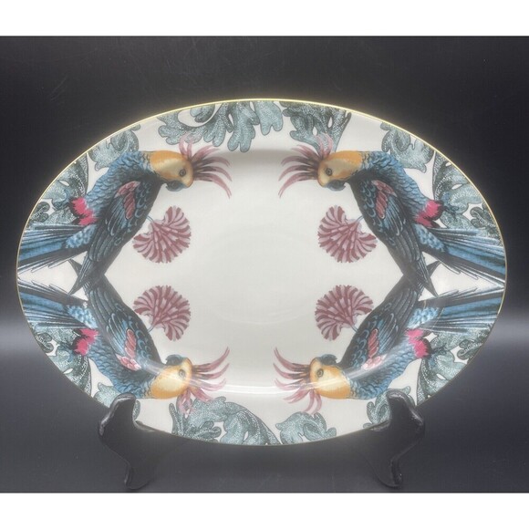 H & M Home Porcelain PARROT Motif Oval Serving Platter/Tray And Bowl RARE NWT - Picture 2 of 8